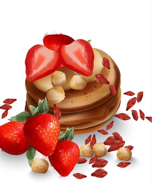 Buchweizenpfannkuchen mit Erdbeerfrüchten und Nüssen. Leckeres gesundes Frühstück