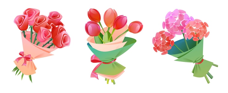 Kostenlose Vektor bündel von tulpenblumen blumengeschenk bouquet zeichentrickfilm