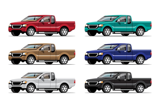 Kostenloser Vektor bündelsatz des mehrfarben-pickups auf weißem hintergrund
