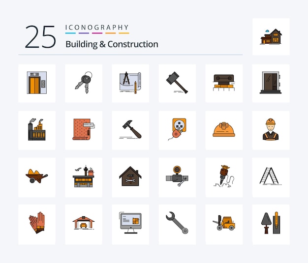 Building and construction 25 line filled icon pack inklusive hammer court architecture auktionsplan