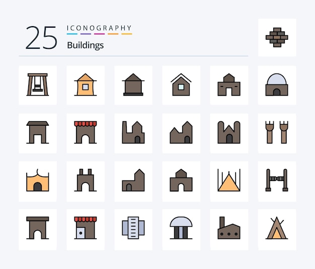 Kostenloser Vektor buildings 25 line filled icon pack einschließlich factory marketplace building institute building real estate