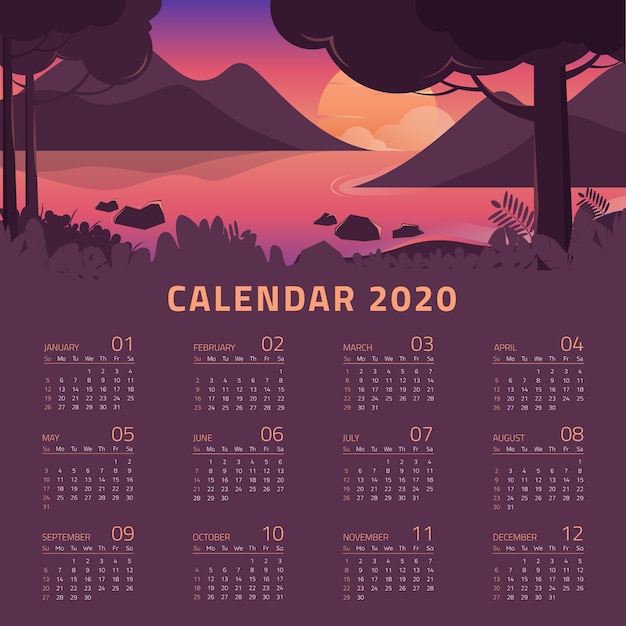 Kostenloser Vektor bunte 2020 kalenderschablone mit schöner landschaft