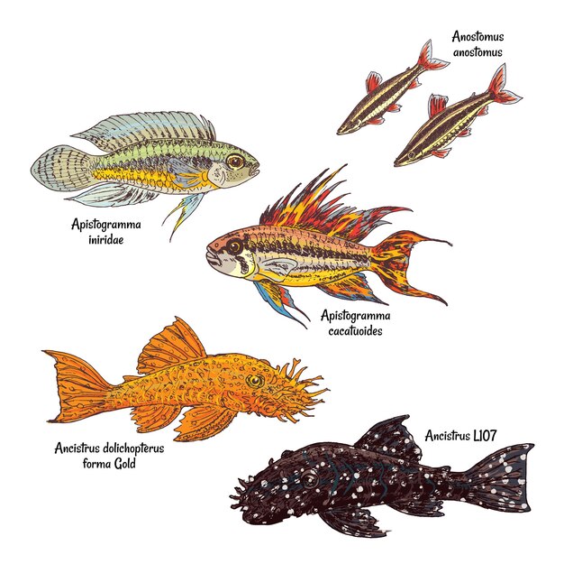 Bunte Aquariumbodenfischsammlung im Zeichenstil auf Weiß