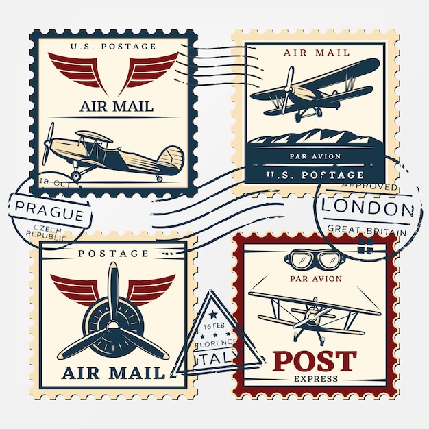 Bunte Flugzeug-Briefmarkenquadrat-Briefmarkensatz