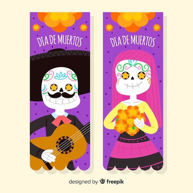 Bunte hand gezeichnete día de muertos-fahnen