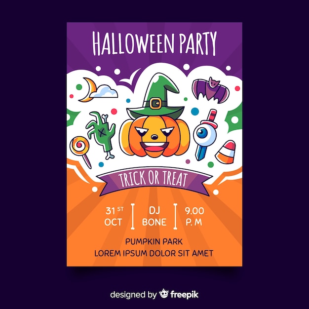 Kostenloser Vektor bunte hand gezeichnetes halloween-partyplakat