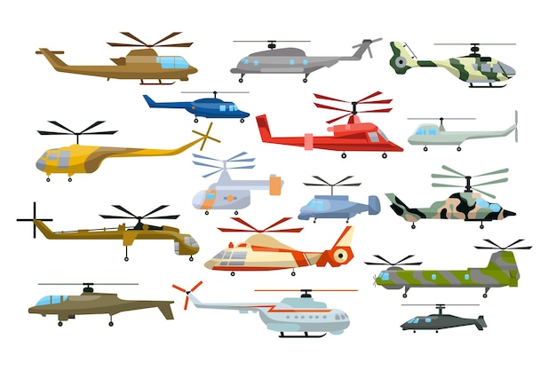 Kostenloser Vektor bunte hubschrauber-cartoon-illustrationsset. verschiedene militär-, medizin-, polizeihubschrauber, hubschrauber, windmühlen oder hubschrauber auf weißem hintergrund. luftfahrt, lufttransport, flugkonzept