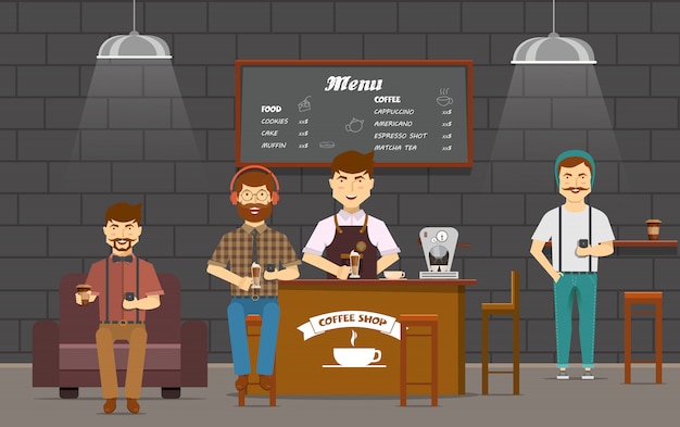 Kostenloser Vektor bunte komposition mit freunden hipster flache zeichentrickfiguren im café, die auf smartphones gadgets chatten