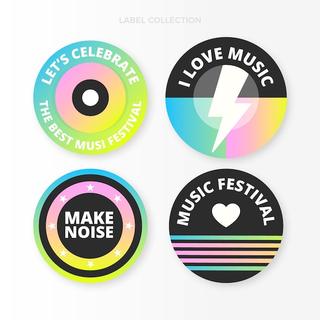 Kostenloser Vektor bunte musikfestival-etiketten mit farbverlauf