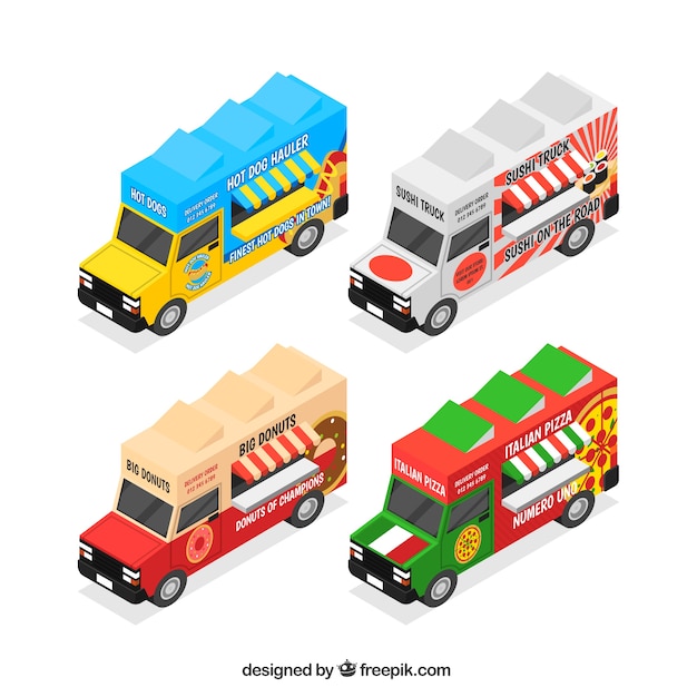 Bunte Packung isometrische Lebensmittel-Trucks