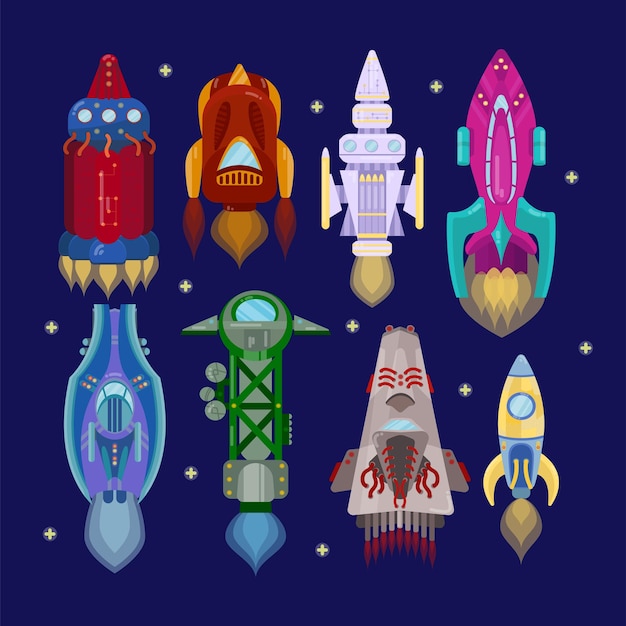 Bunte raketenschiffe cartoon illustration set. Verschiedene Formen UFO-Raumschiffe, Raumfahrzeuge, futuristische Raketen und Schiffe mit Sternen einzeln auf blauem Hintergrund. Weltraum, Galaxie, Sonnensystemkonzept