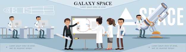 Bunte Raumerkundungsschablone mit Wissenschaftlern, die im Observatorium im flachen Stil arbeiten