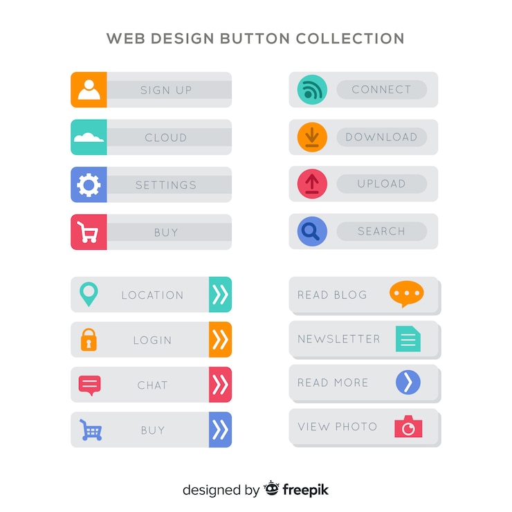 Kostenlose Vektor bunte webdesignknopfsammlung mit flachem design