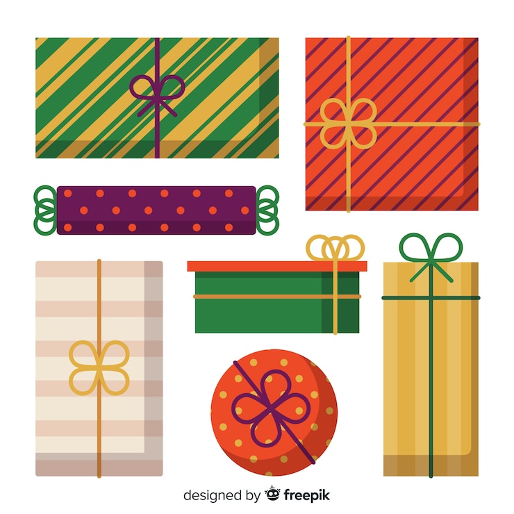 Kostenlose Vektor bunte weihnachtsgeschenksammlung mit flachem design
