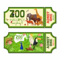 Kostenloser Vektor bunte zoo-tickets mit tropischem hintergrund