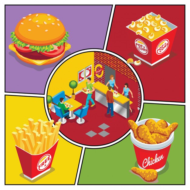 Bunte Zusammensetzung des isometrischen Fastfoods mit Burger-Popcorn-Eimer-Hähnchenschenkel-Pommes-Frites-Leuten, die im Fastfood-Restaurant essen