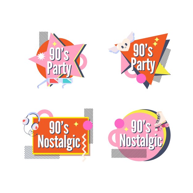 Buntes 90er-Party-Label im flachen Design