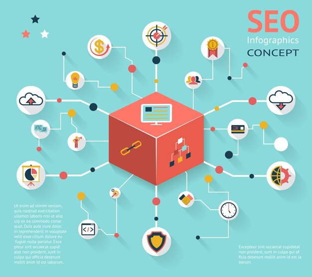 Buntes SEO-Infografik-Symbol-Konzept mit verschiedenen Optionsergebnissen