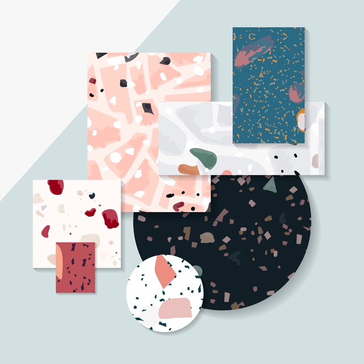 Kostenlose Vektor buntes terrazzo nahtloses muster etikettiert vektorsatz