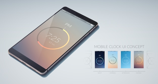 Buntes ui-designkonzept der mobilen uhr auf heller flacher illustration