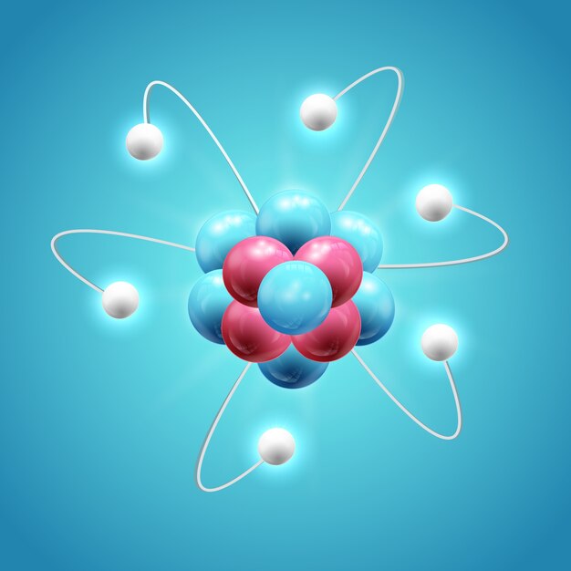 Buntes wissenschaftliches Entwurfskonzept mit realistischem leuchtendem Modell des Atoms auf Blau isoliert