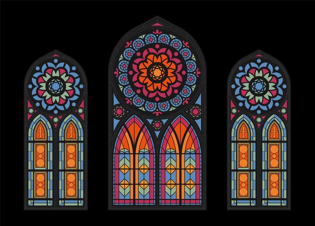 Buntglas bunte Mosaik-Kathedralefenster auf dunkler gotischer Kirche schöne Innenansicht Clouseup Illustration