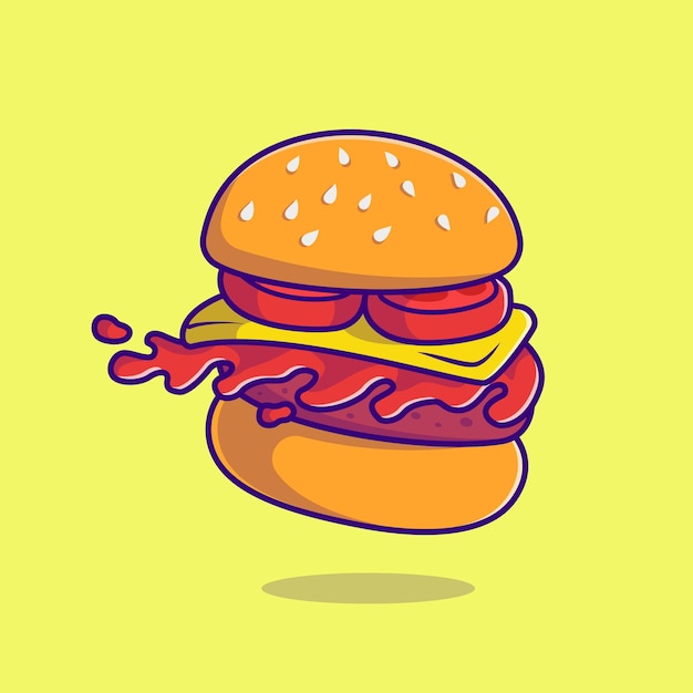 Kostenloser Vektor burger-essen, schwebende cartoon-vektor-symbol-illustration, lebensmittel-objekt-symbol-konzept, isolierter flacher vektor