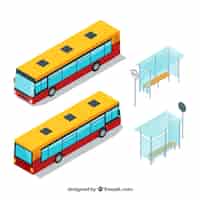 Kostenloser Vektor bus hält mit bussen in isometrischer art