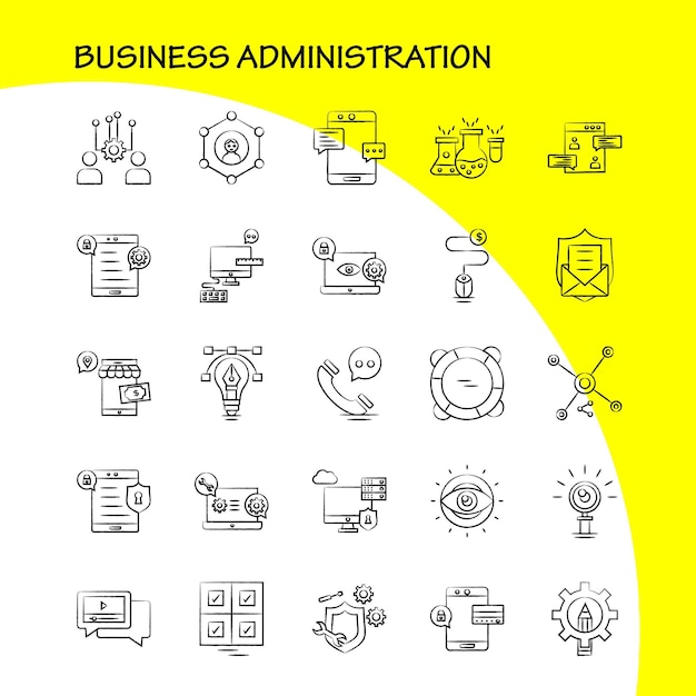 Kostenloser Vektor business administration handgezeichnete symbole für infografiken, mobiles uxui-kit und druckdesign, einschließlich internet-einstellung, einstellung, gang, globus, t-shirt, sport, eps 10, vektor