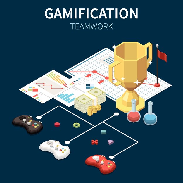 Business-Gamification- und Teamwork-Konzept mit Spiel-Joystick und isometrischer 3D-Vektorillustration des Siegerpokals