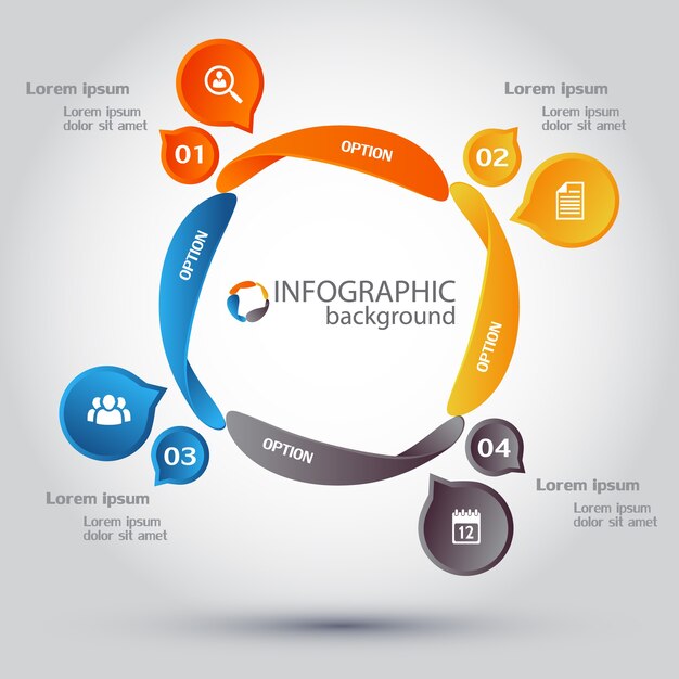 Business-Infografik-Design-Vorlage mit vier Optionen und Symbolen auf Kreisen des bunten Zyklusdiagramms