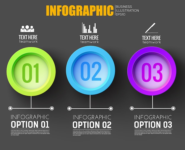 Business-infografik-konzept für netzwerk mit drei mehrfarbigen runden tasten