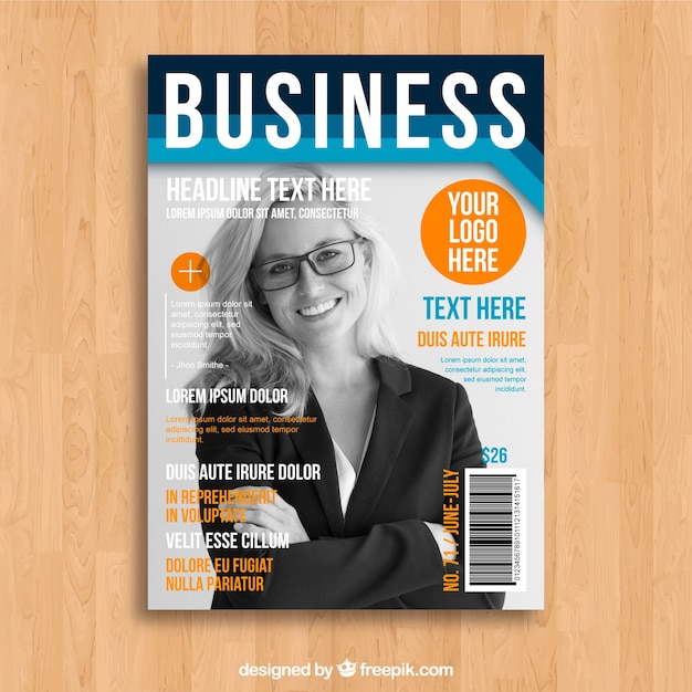 Kostenloser Vektor business-magazin-cover-vorlage mit model posiert