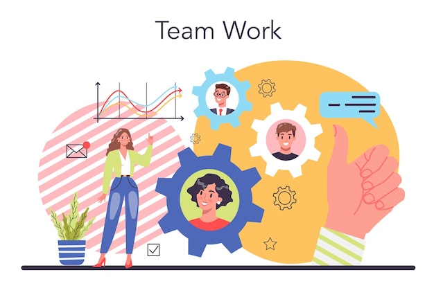 Business-team-konzept idee der strategie und leistung in der teamarbeit teambuilding-gruppe von menschen arbeiten für die geschäftsentwicklung zusammen kommunikation und zusammenarbeit vector flat illustration