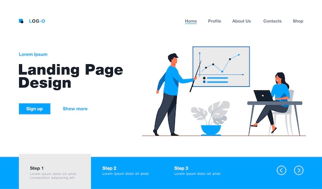 Business-trainer, der geschäftsfrau wachstumsdiagramm zeigt. laptop, ausbildung, statistik flache abbildung. analyse- und managementkonzept, website-design oder zielwebseite management