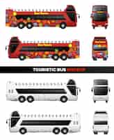 Kostenloser Vektor busmodell realistischer satz von isolierten bildern mit verschiedenen winkelansichten von touristen- und besichtigungsbussen vektorillustration