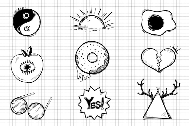 Kostenloser Vektor bw funky symbol vektor doodle cartoon aufkleber set