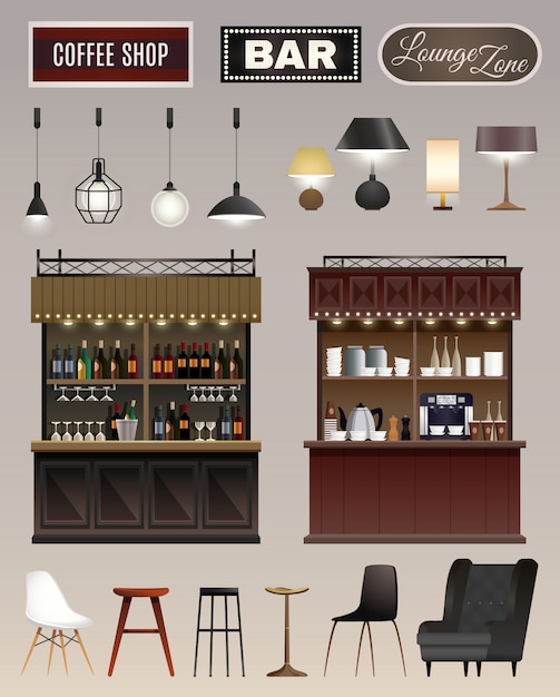 Kostenloser Vektor cafe bar interieur set