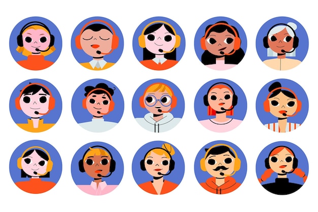 Call-Center-Betreiber Avatar oder runde Symbole Client-Support helfen Linienarbeitern, Headset mit Mikrofon zu tragen Telefonverkaufsberater männliche und weibliche Charaktere stehen vor linearer flacher Vektordarstellung