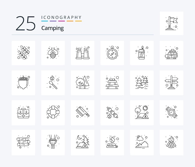 Camping 25 line icon pack inklusive reise-camping-spyglass-feuerzeug