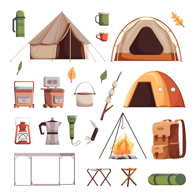 Camping icon set zelte feuerbecher und andere touristenattribute farbige und isolierte vektorillustration