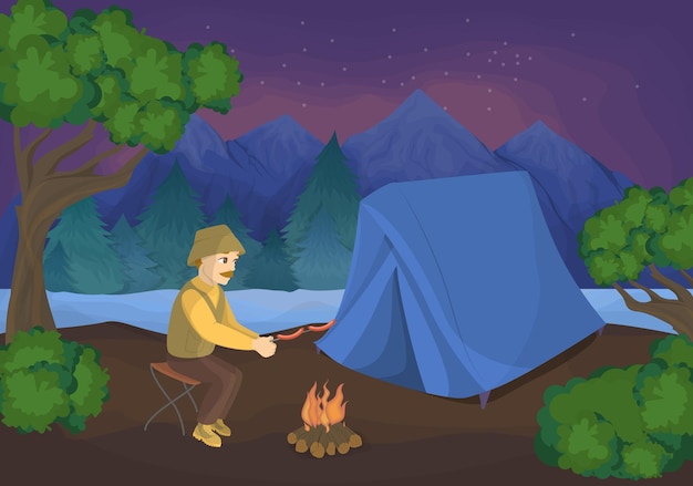 Kostenloser Vektor camping in der natur mann mit zelt und lagerfeuer am abend