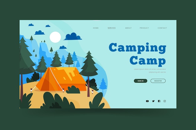 Kostenloser Vektor camping landing page mit zelt