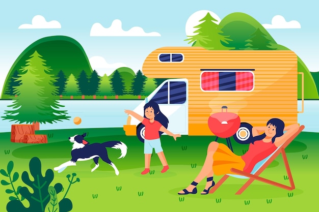 Camping mit einer Karawanenillustration mit Menschen und Hund