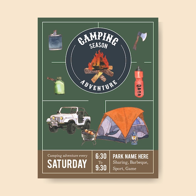 Kostenloser Vektor camping poster mit axt, lagerfeuer, auto und grillofen illustrationen