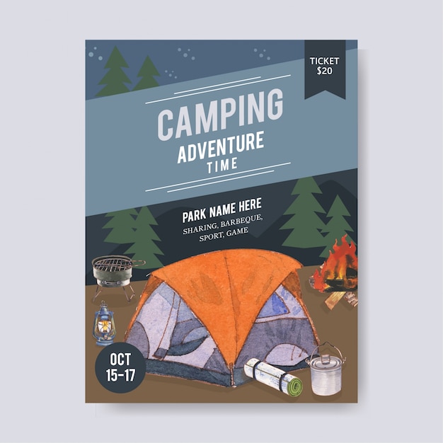 Camping poster mit zelt, van, laterne und grillofen illustrationen