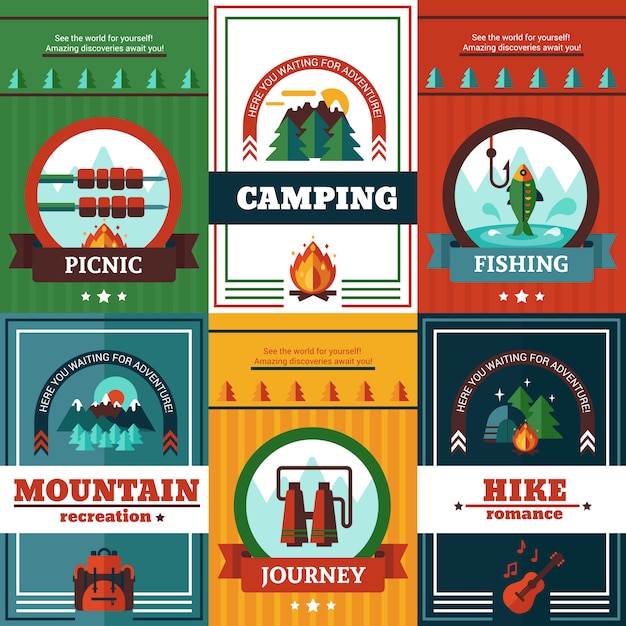 Kostenloser Vektor camping-poster-set