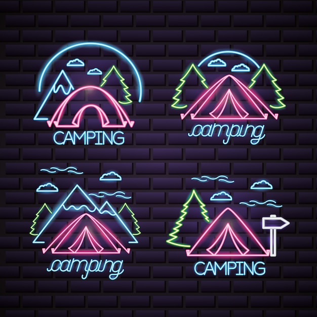 Camping-trip-logo im neon-stil