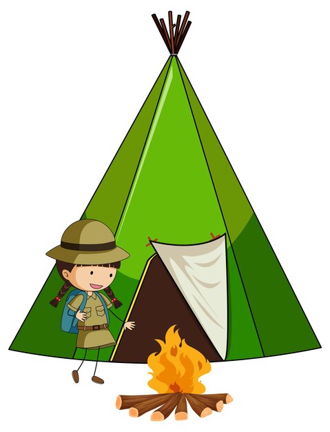 Campingzelt mit Gekritzelkinderzeichentrickfilm-figur isoliert