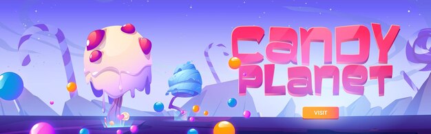 Candy Planet Banner mit Fantasielandschaft mit ungewöhnlichen Bäumen aus Karamell-Zuckerstangen und Lutscher